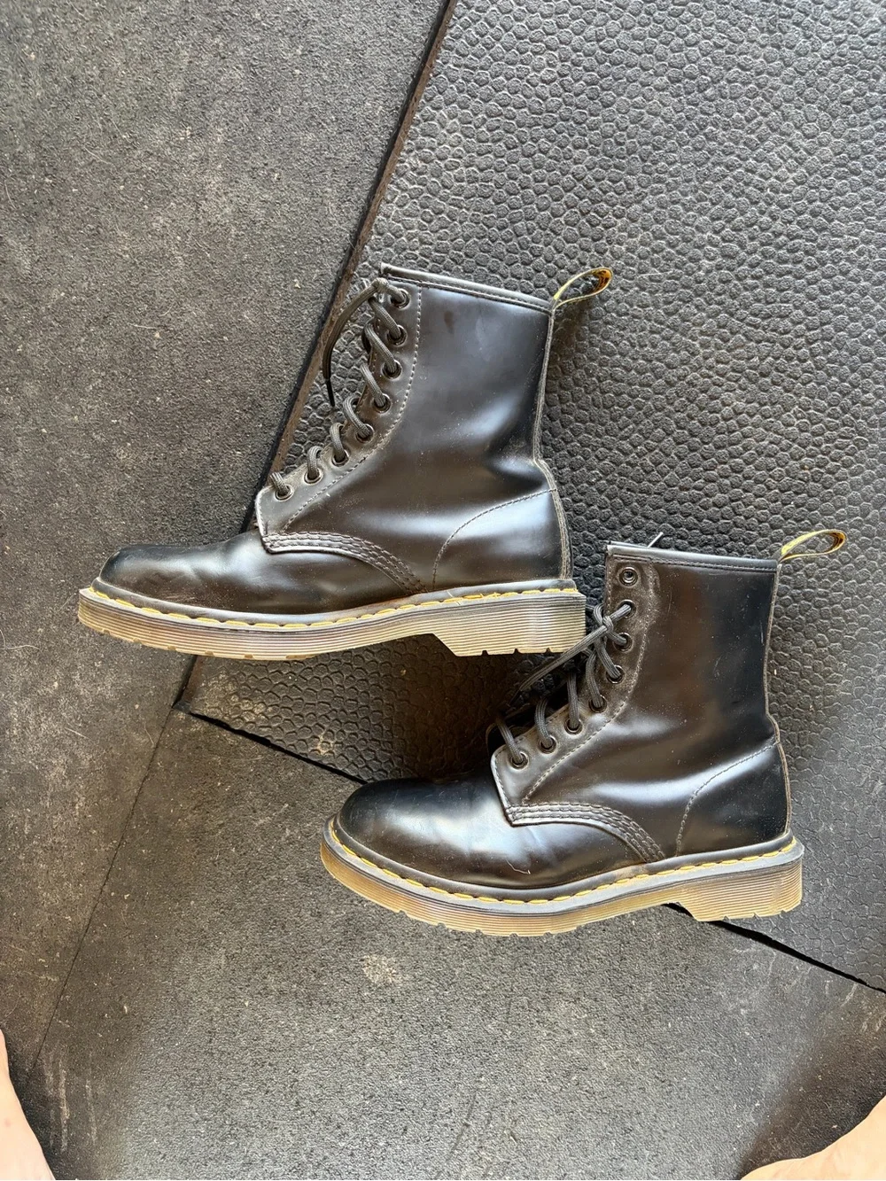 Dr. Martens Black Leather 8-Eye Lace-Up Boots with Yellow Stitching